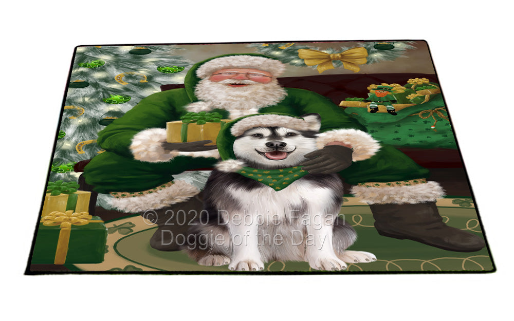 Christmas Irish Santa with Gift and Alaskan Malamute Dog Indoor/Outdoor Welcome Floormat - Premium Quality Washable Anti-Slip Doormat Rug FLMS57061