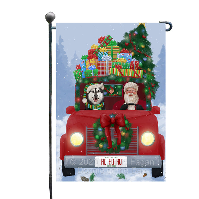 Christmas Honk Honk Red Truck Here Comes with Santa and Alaskan Malamute Dog Garden Flag GFLG66514
