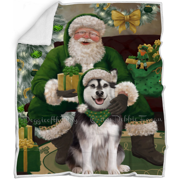 Christmas Irish Santa with Gift and Alaskan Malamute Dog Blanket BLNKT141188