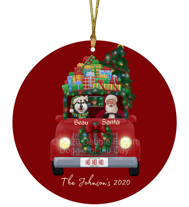 Personalized Christmas Honk Honk Red Truck Here Comes with Santa and Alaskan Malamute Dog Round Flat Ornament PRBPOR59046