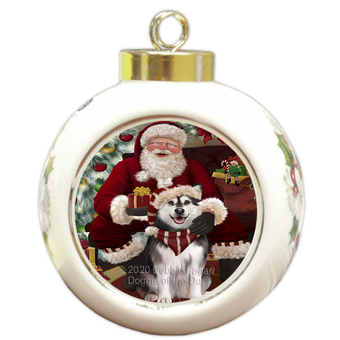 Santa's Christmas Surprise Alaskan Malamute Dog Round Ball Christmas Ornament RBPOR57994