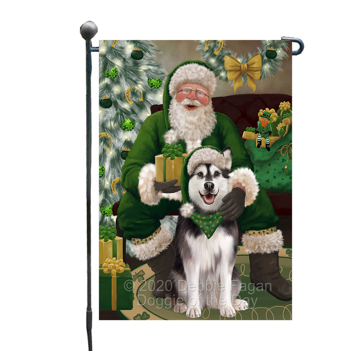 Christmas Irish Santa with Gift and Alaskan Malamute Dog Garden Flag GFLG66612