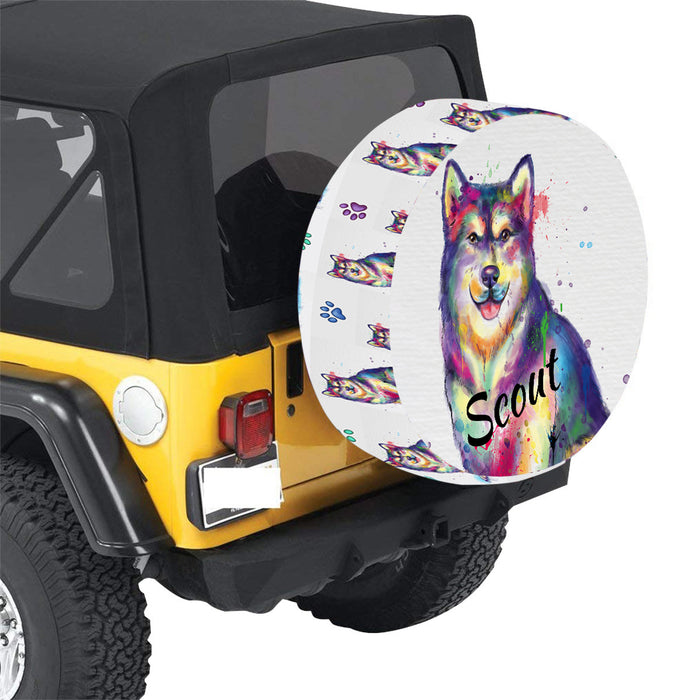 Custom Pet Name Personalized Watercolor Alaskan Malamute Dog Car Tire Cover