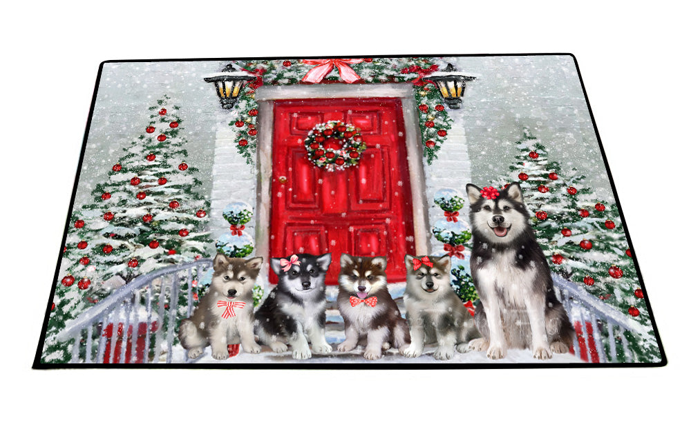 Christmas Holiday Welcome Alaskan Malamute Dogs Floor Mat- Anti-Slip Pet Door Mat Indoor Outdoor Front Rug Mats for Home Outside Entrance Pets Portrait Unique Rug Washable Premium Quality Mat