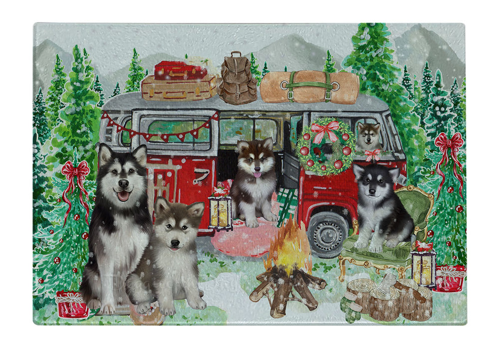 Christmas Time Camping with Alaskan Malamute Dogs Cutting Board - For Kitchen - Scratch & Stain Resistant - Designed To Stay In Place - Easy To Clean By Hand - Perfect for Chopping Meats, Vegetables