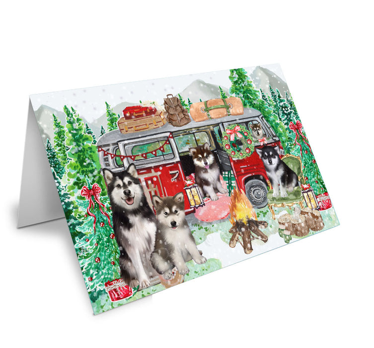 Christmas Time Camping with Alaskan Malamute Dogs Handmade Artwork Assorted Pets Greeting Cards and Note Cards with Envelopes for All Occasions and Holiday Seasons