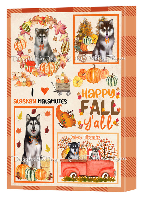 Happy Fall Y'all Pumpkin Alaskan Malamute Dogs Canvas Wall Art - Premium Quality Ready to Hang Room Decor Wall Art Canvas - Unique Animal Printed Digital Painting for Decoration