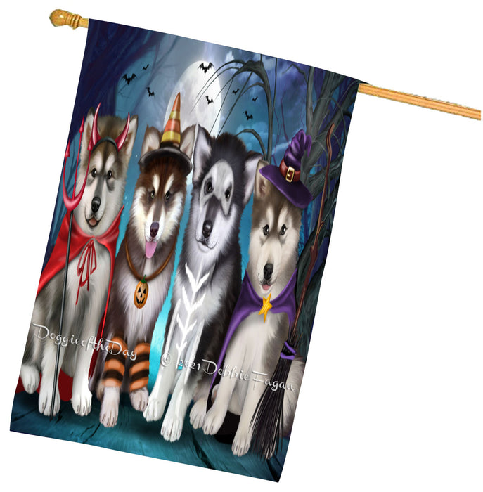 Halloween Trick or Treat Alaskan Malamute Dogs House Flag Outdoor Decorative Double Sided Pet Portrait Weather Resistant Premium Quality Animal Printed Home Decorative Flags 100% Polyester