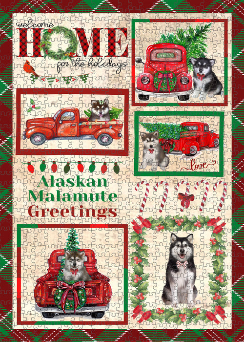Welcome Home for Christmas Holidays Alaskan Malamute Dogs Portrait Jigsaw Puzzle for Adults Animal Interlocking Puzzle Game Unique Gift for Dog Lover's with Metal Tin Box