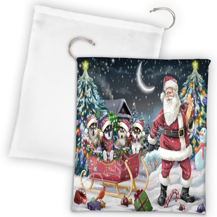 Santa Sled Dogs Christmas Happy Holidays Alaskan Malamute Dogs Drawstring Laundry or Gift Bag LGB48658