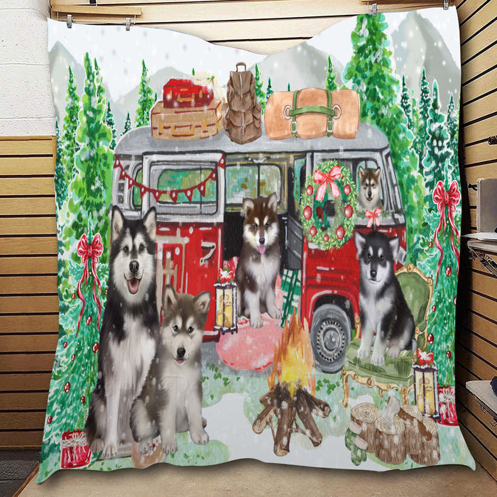 Christmas Time Camping with Alaskan Malamute Dogs  Quilt Bed Coverlet Bedspread - Pets Comforter Unique One-side Animal Printing - Soft Lightweight Durable Washable Polyester Quilt