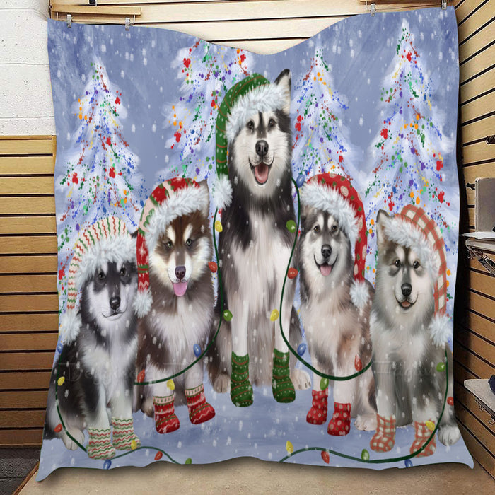Christmas Lights and Alaskan Malamute Dogs  Quilt Bed Coverlet Bedspread - Pets Comforter Unique One-side Animal Printing - Soft Lightweight Durable Washable Polyester Quilt