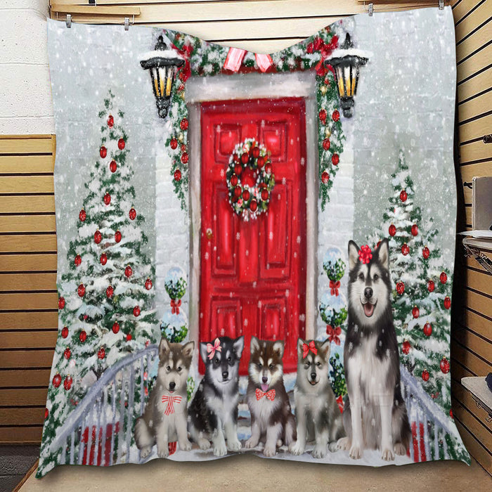 Christmas Holiday Welcome Alaskan Malamute Dogs  Quilt Bed Coverlet Bedspread - Pets Comforter Unique One-side Animal Printing - Soft Lightweight Durable Washable Polyester Quilt