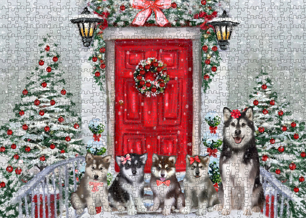 Christmas Holiday Welcome Alaskan Malamute Dogs Portrait Jigsaw Puzzle for Adults Animal Interlocking Puzzle Game Unique Gift for Dog Lover's with Metal Tin Box