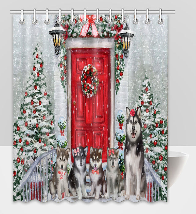 Christmas Holiday Welcome Alaskan Malamute Dogs Shower Curtain Pet Painting Bathtub Curtain Waterproof Polyester One-Side Printing Decor Bath Tub Curtain for Bathroom with Hooks