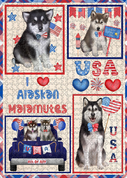 4th of July Independence Day I Love USA Alaskan Malamute Dogs Portrait Jigsaw Puzzle for Adults Animal Interlocking Puzzle Game Unique Gift for Dog Lover's with Metal Tin Box