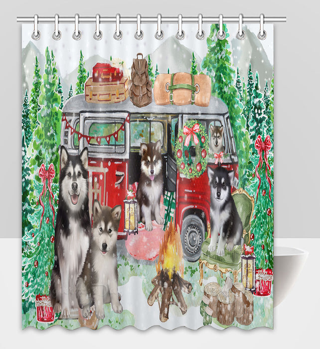 Christmas Time Camping with Alaskan Malamute Dogs Shower Curtain Pet Painting Bathtub Curtain Waterproof Polyester One-Side Printing Decor Bath Tub Curtain for Bathroom with Hooks