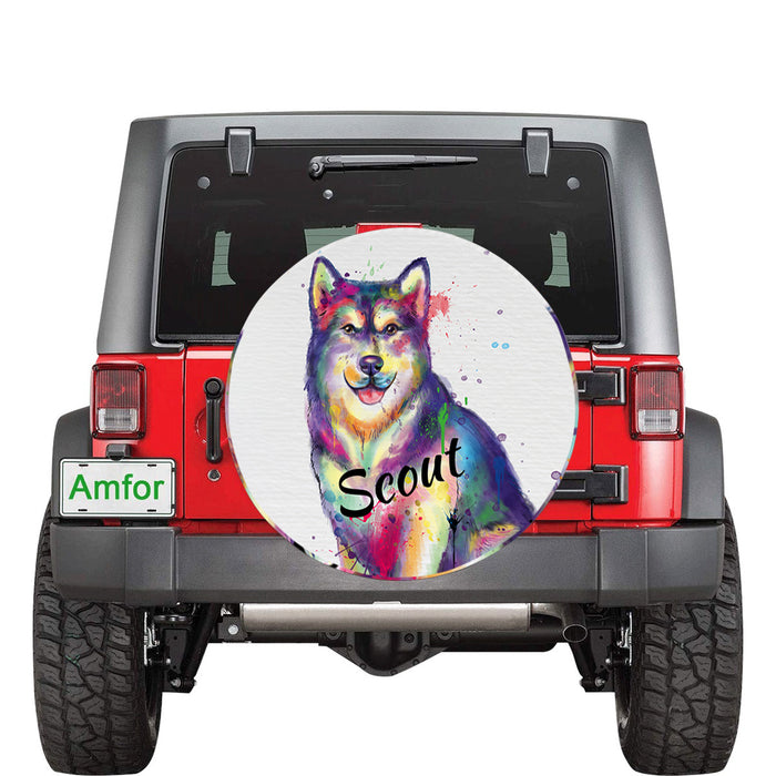 Custom Pet Name Personalized Watercolor Alaskan Malamute Dog Car Tire Cover
