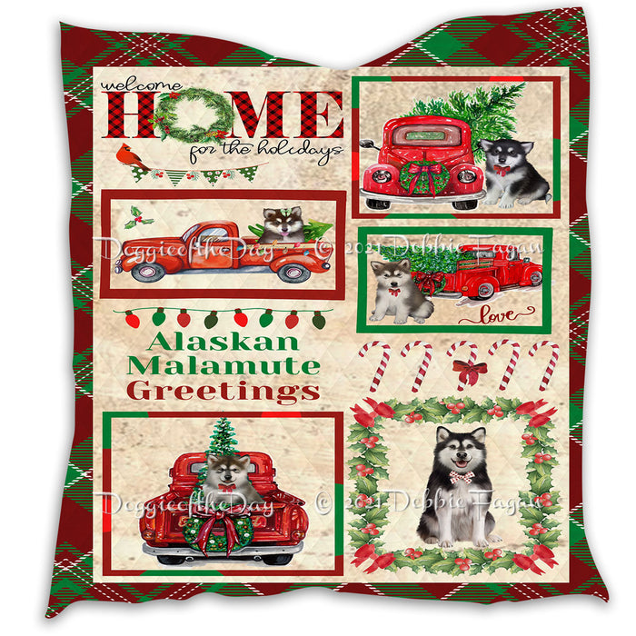 Welcome Home for Christmas Holidays Alaskan Malamute Dogs Quilt Bed Coverlet Bedspread - Pets Comforter Unique One-side Animal Printing - Soft Lightweight Durable Washable Polyester Quilt