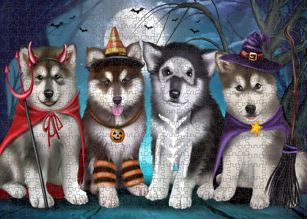 Happy Halloween Trick or Treat Alaskan Malamute Dogs Portrait Jigsaw Puzzle for Adults Animal Interlocking Puzzle Game Unique Gift for Dog Lover's with Metal Tin Box
