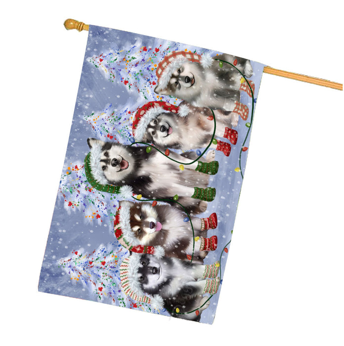 Christmas Lights and Alaskan Malamute Dogs House Flag Outdoor Decorative Double Sided Pet Portrait Weather Resistant Premium Quality Animal Printed Home Decorative Flags 100% Polyester