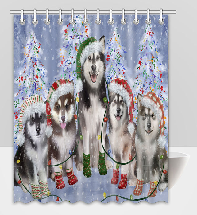 Christmas Lights and Alaskan Malamute Dogs Shower Curtain Pet Painting Bathtub Curtain Waterproof Polyester One-Side Printing Decor Bath Tub Curtain for Bathroom with Hooks