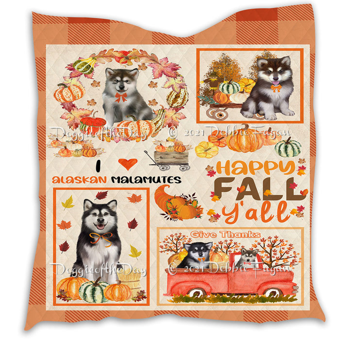 Happy Fall Y'all Pumpkin Alaskan Malamute Dogs Quilt Bed Coverlet Bedspread - Pets Comforter Unique One-side Animal Printing - Soft Lightweight Durable Washable Polyester Quilt