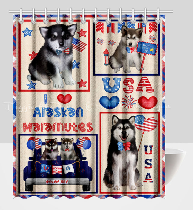 4th of July Independence Day I Love USA Alaskan Malamute Dogs Shower Curtain Pet Painting Bathtub Curtain Waterproof Polyester One-Side Printing Decor Bath Tub Curtain for Bathroom with Hooks