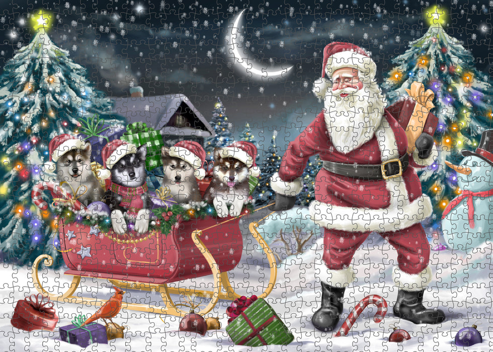 Christmas Santa Sled Alaskan Malamute Dogs Portrait Jigsaw Puzzle for Adults Animal Interlocking Puzzle Game Unique Gift for Dog Lover's with Metal Tin Box