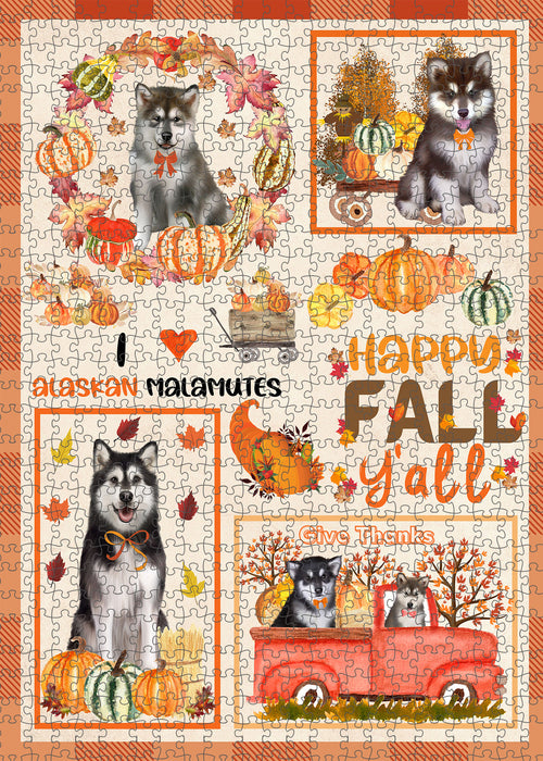 Happy Fall Y'all Pumpkin Alaskan Malamute Dogs Portrait Jigsaw Puzzle for Adults Animal Interlocking Puzzle Game Unique Gift for Dog Lover's with Metal Tin Box