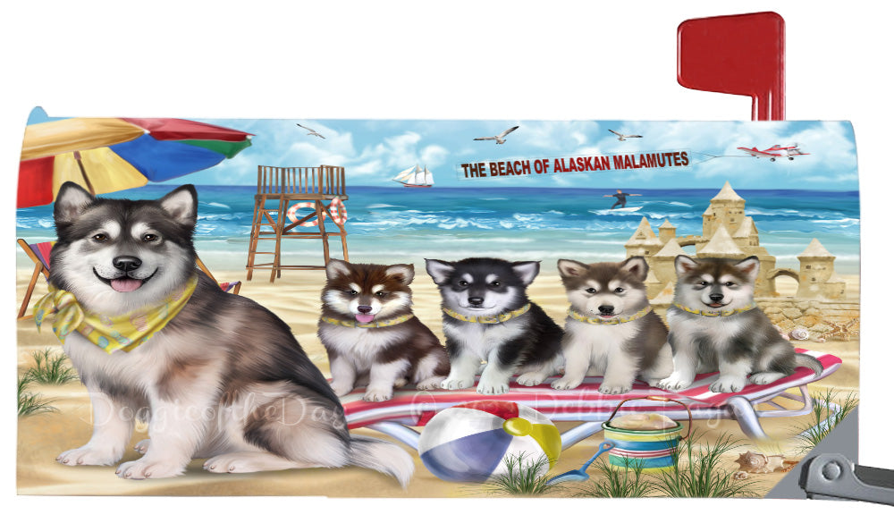 Pet Friendly Beach Alaskan Malamute Dogs Magnetic Mailbox Cover Both Sides Pet Theme Printed Decorative Letter Box Wrap Case Postbox Thick Magnetic Vinyl Material