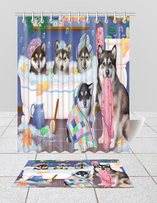 Rub A Dub Dogs In A Tub Alaskan Malamute Dogs Bath Mat and Shower Curtain Combo