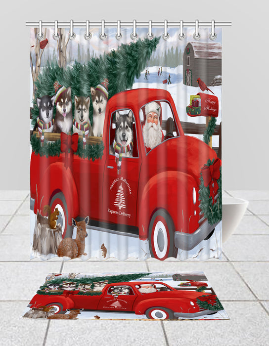 Christmas Santa Express Delivery Red Truck Alaskan Malamute Dogs Bath Mat and Shower Curtain Combo