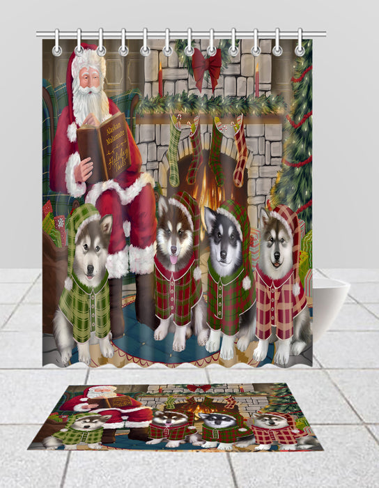 Christmas Cozy Holiday Fire Tails Alaskan Malamute Dogs Bath Mat and Shower Curtain Combo