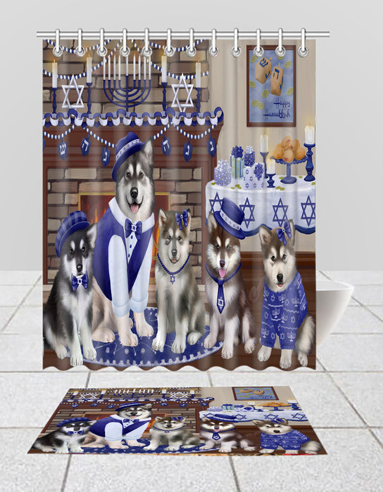 Happy Hanukkah Family Alaskan Malamute Dogs Bath Mat and Shower Curtain Combo