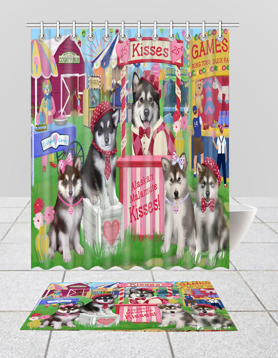 Carnival Kissing Booth Alaskan Malamute Dogs Bath Mat and Shower Curtain Combo