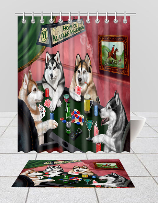 Home of  Alaskan Malamute Dogs Playing Poker Bath Mat and Shower Curtain Combo