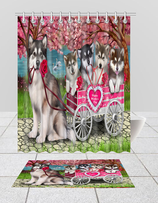 I Love Alaskan Malamute Dogs in a Cart Bath Mat and Shower Curtain Combo