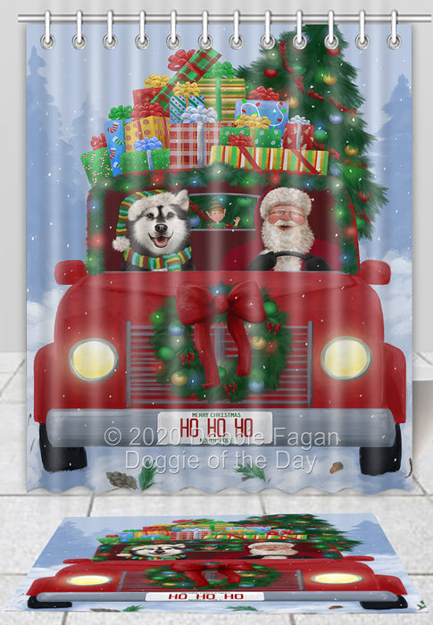 Christmas Honk Honk Red Truck Here Comes with Santa and Alaskan Malamute Dog Bath Mat and Shower Curtain Combo