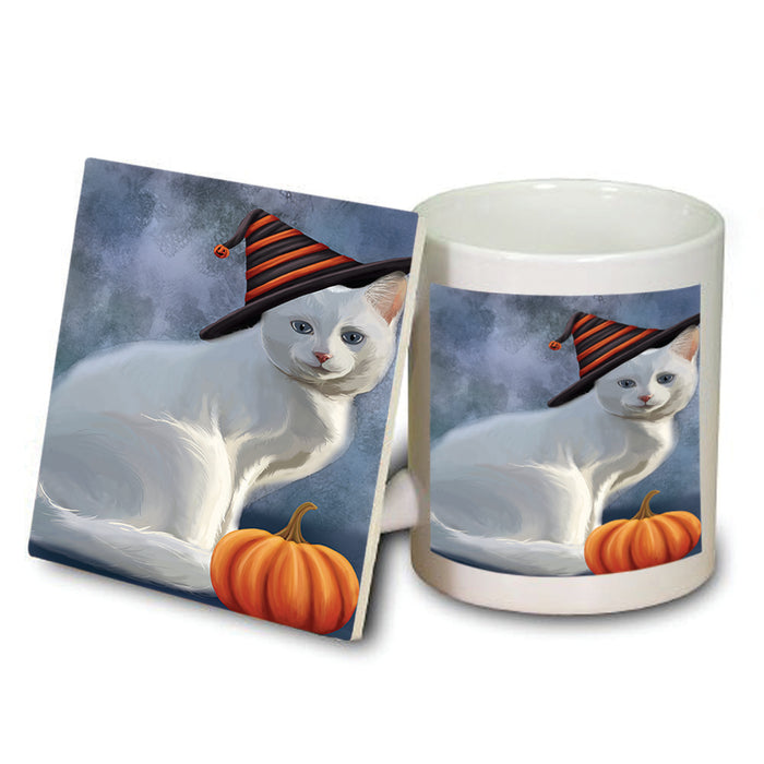 Happy Halloween Albino Cat Wearing Witch Hat with Pumpkin Mug and Coaster Set MUC54775