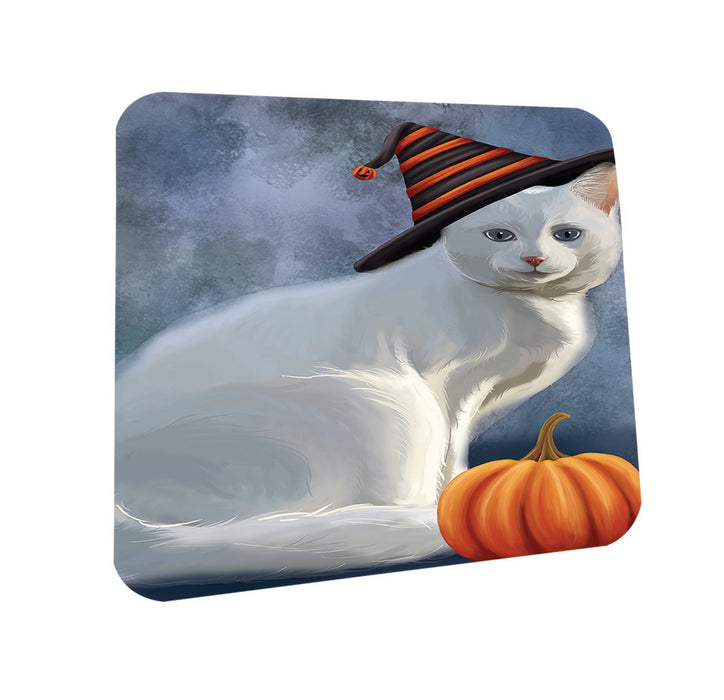 Happy Halloween Albino Cat Wearing Witch Hat with Pumpkin Coasters Set of 4 CST54741