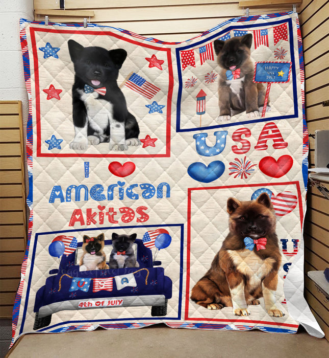 4th of July Independence Day I Love USA American Eskimo Dogs Quilt Bed Coverlet Bedspread - Pets Comforter Unique One-side Animal Printing - Soft Lightweight Durable Washable Polyester Quilt