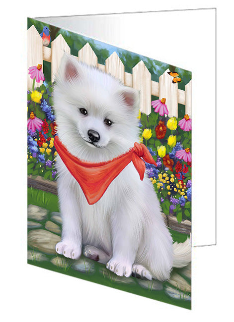 Spring Dog House American Eskimos Dog Handmade Artwork Assorted Pets Greeting Cards and Note Cards with Envelopes for All Occasions and Holiday Seasons GCD53306