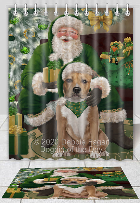 Christmas Irish Santa with Gift American Staffordshire Dog Bath Mat and Shower Curtain Combo