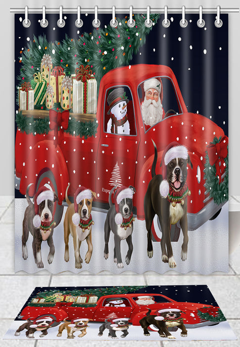 Christmas Express Delivery Red Truck Running American Staffordshire Dogs Bath Mat and Shower Curtain Combo