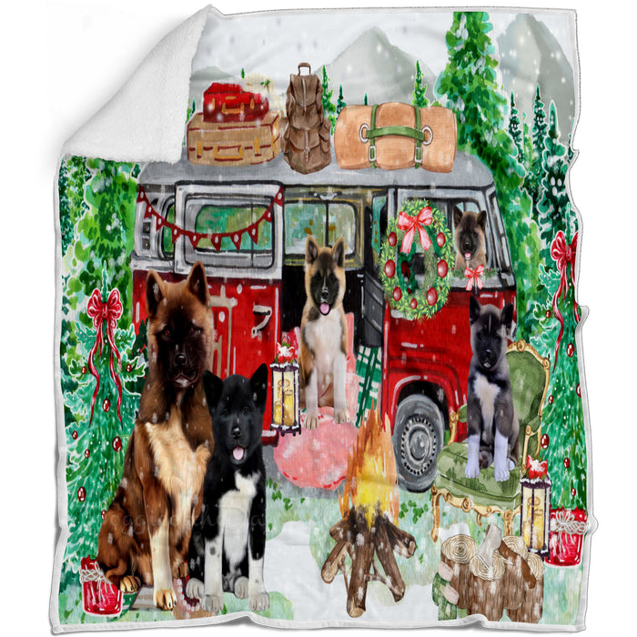 Christmas Time Camping with American Akita Dogs Blanket - Lightweight Soft Cozy and Durable Bed Blanket - Animal Theme Fuzzy Blanket for Sofa Couch