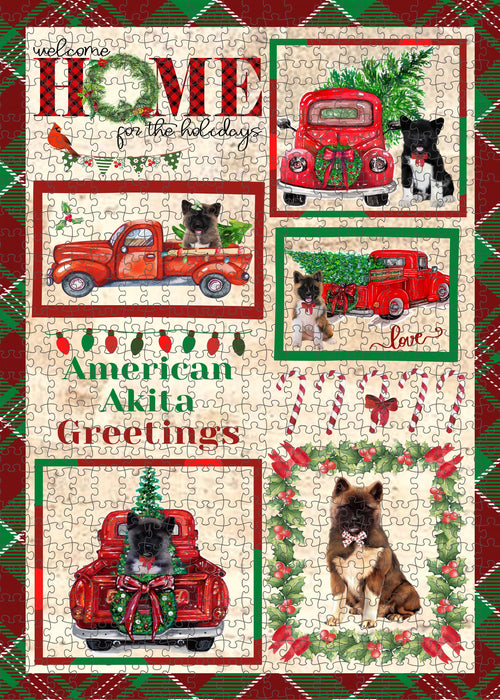 Welcome Home for Christmas Holidays American Akita Dogs Portrait Jigsaw Puzzle for Adults Animal Interlocking Puzzle Game Unique Gift for Dog Lover's with Metal Tin Box