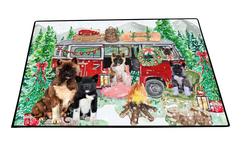 Christmas Time Camping with American Akita Dogs Floor Mat- Anti-Slip Pet Door Mat Indoor Outdoor Front Rug Mats for Home Outside Entrance Pets Portrait Unique Rug Washable Premium Quality Mat