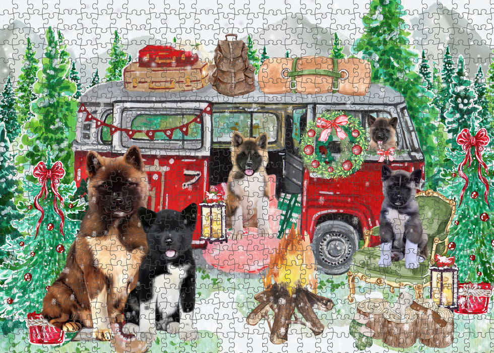 Christmas Time Camping with American Akita Dogs Portrait Jigsaw Puzzle for Adults Animal Interlocking Puzzle Game Unique Gift for Dog Lover's with Metal Tin Box