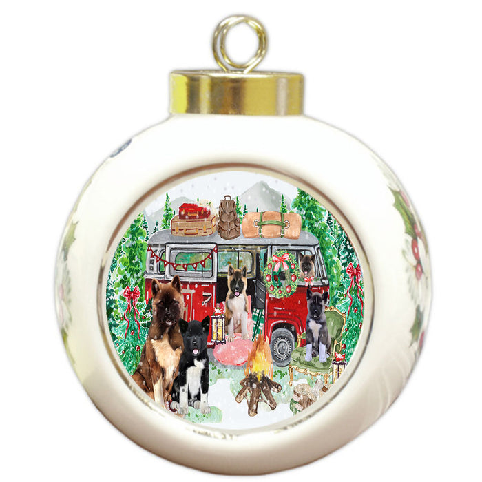 Christmas Time Camping with American Akita Dogs Round Ball Christmas Ornament Pet Decorative Hanging Ornaments for Christmas X-mas Tree Decorations - 3" Round Ceramic Ornament
